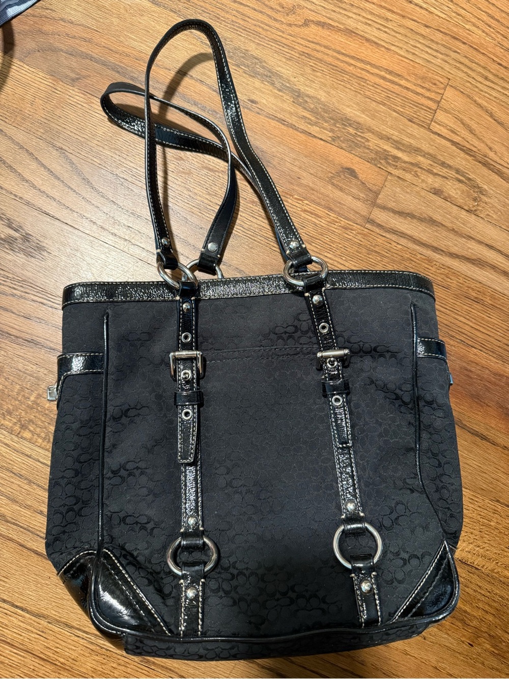 Coach Black Signature Canvas Shoulder Bag with Patent Trim